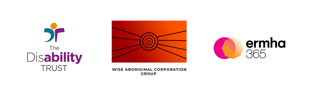 Logos of The Disability Trust, WISE Aboriginal Corporation Group and ermha365